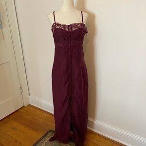 Lulus Lace Trim Button Front Maxi Dress Wine Tencel Satin Slip Style NWT S